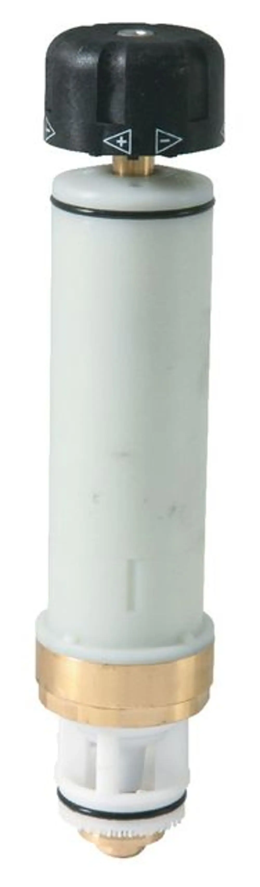 Druckmindererpatrone von Syr, zylindrische Form mit oberem Einstellknopf und goldenem Anschluss nach unten, geeignet für spezifische Wasserinstallationen.